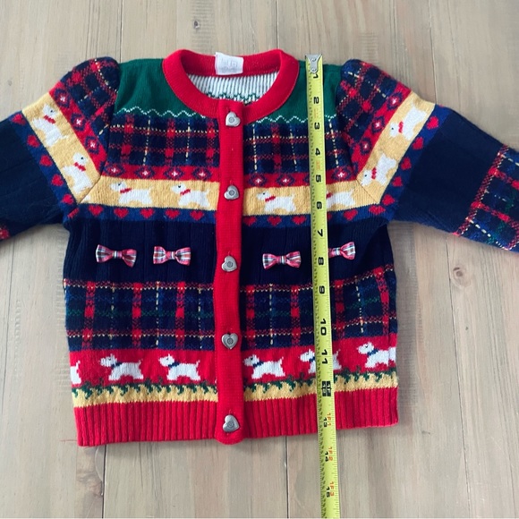 Vintage Cardigan Sweater Baby 24M Navy Red Yellow Heart Buttons Scottie Dogs Bow - Picture 7 of 9